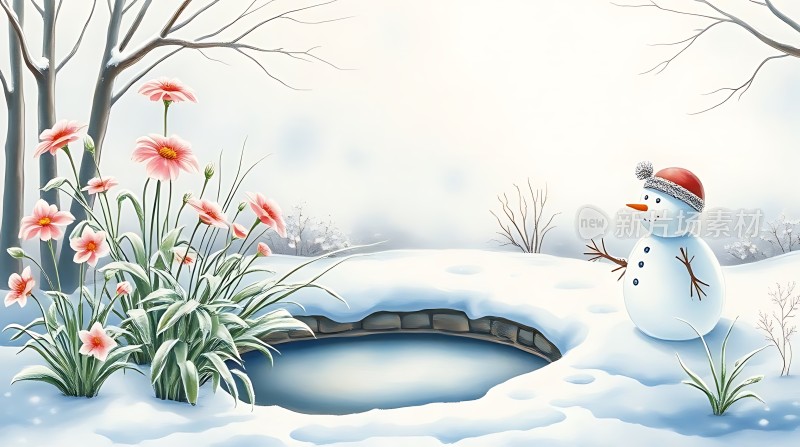 雪地里的彩色花朵和雪人