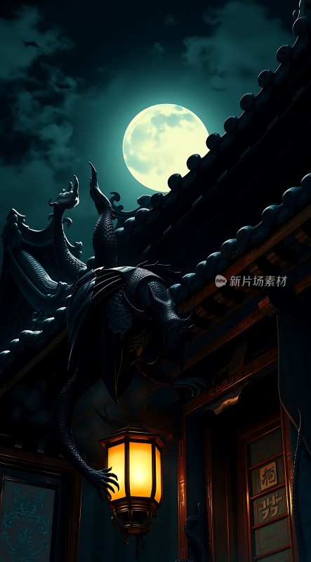 古宅夜月龙影灯笼映照