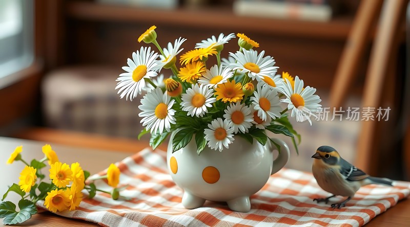 阳光下的雏菊与鸟儿