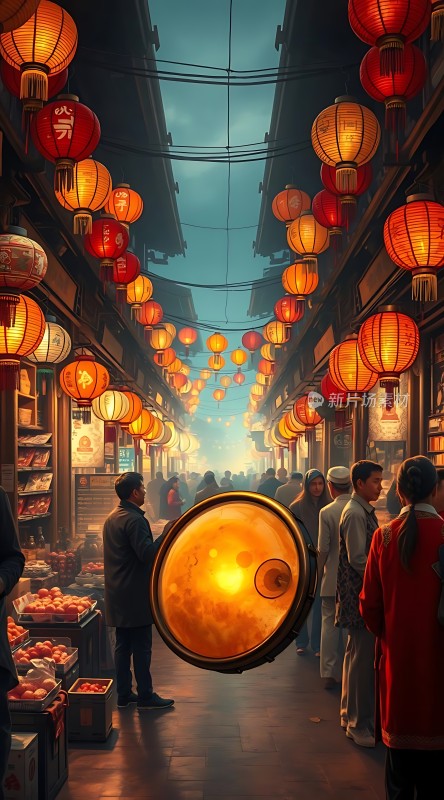 夜市灯笼下的繁华街景