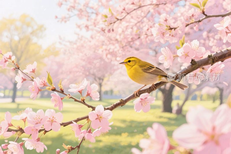 春日樱花小鸟插画
