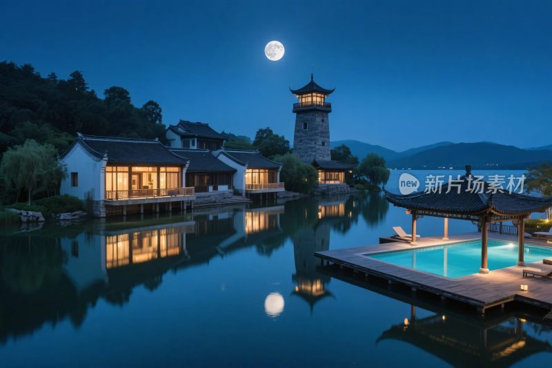 江南古建夜景水景