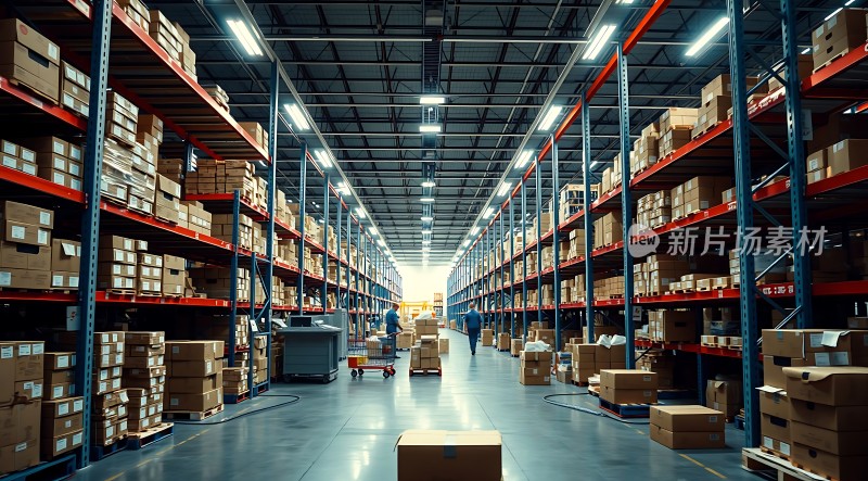 仓库深处货物堆积如山工人忙碌穿梭