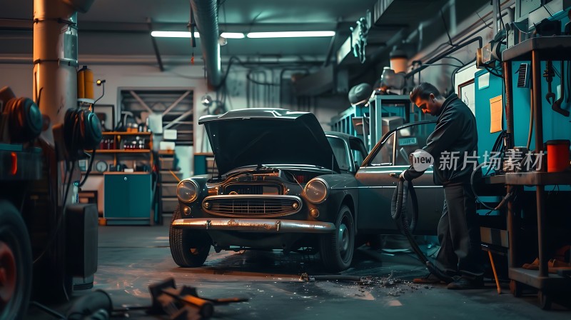 修车工人在车间里精心修理经典汽车