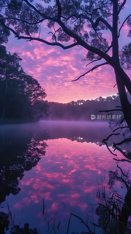 湖畔晨曦映彩霞