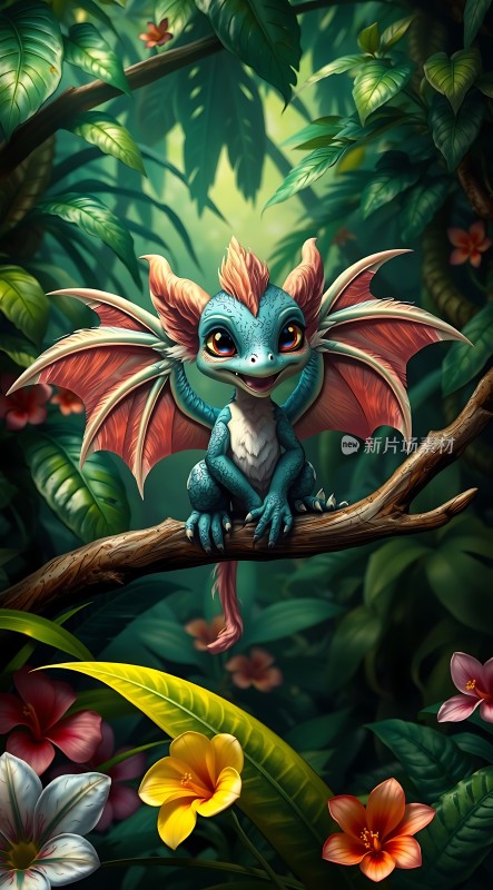 森林精灵蓝色龙宝宝在花丛中嬉戏