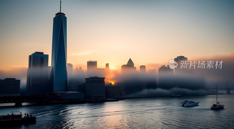 日出时分的城市天际线与河流景观