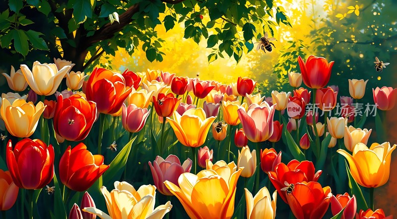 阳光下的多彩郁金香与蜜蜂