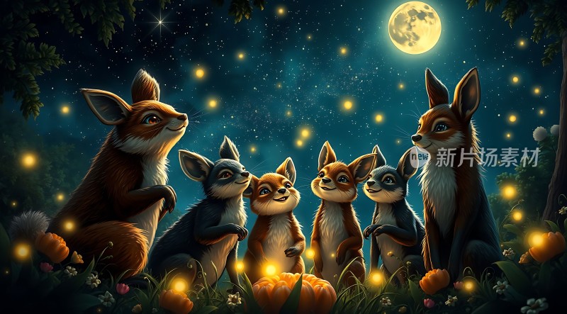 萤火虫下的狐狸家族聚会