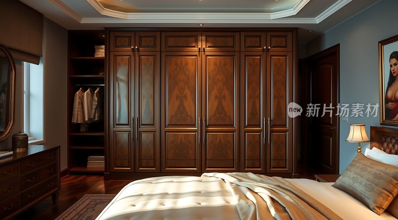 豪华卧室木制衣柜与床铺