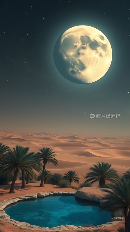 沙漠绿洲夜月图