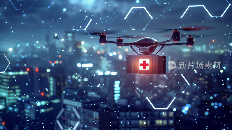 城市上空，一架科技感的智能救援医疗无人机