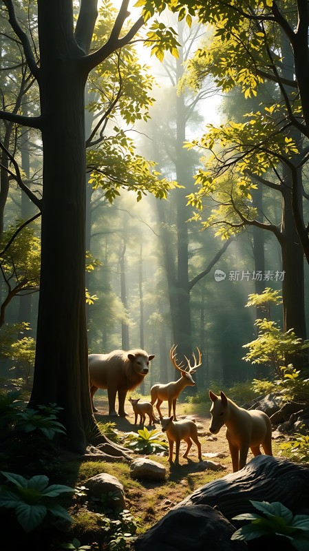 阳光下的森林动物和谐共处