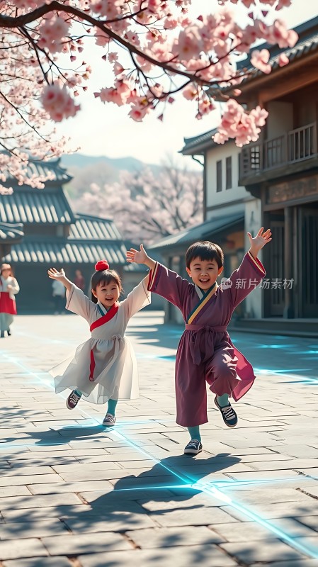 樱花树下身着传统服饰的两个孩子欢快地奔跑着