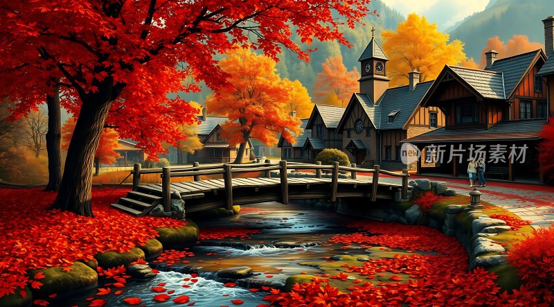 秋日小镇红叶满地木桥流水温馨宁静