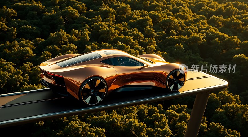 未来座驾金色跑车翱翔于云端之上