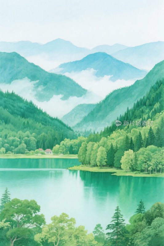 山水湖景风景插画