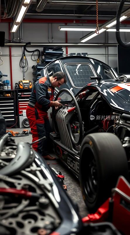 赛车车间里的专注维修人员