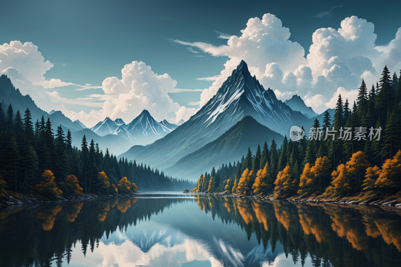 有湖泊和树木山景高清风景插画图片