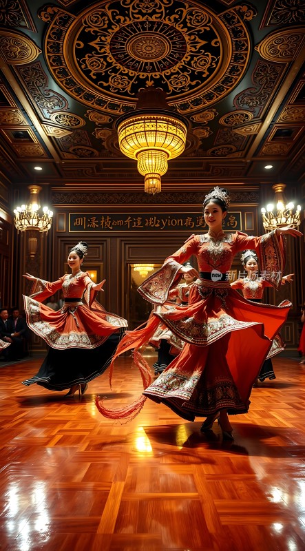 华服舞者翩翩起舞华丽宫殿内展现民族风情