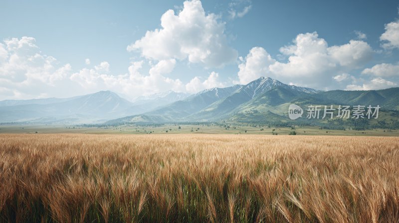 广袤麦田与远山蓝天白云美景