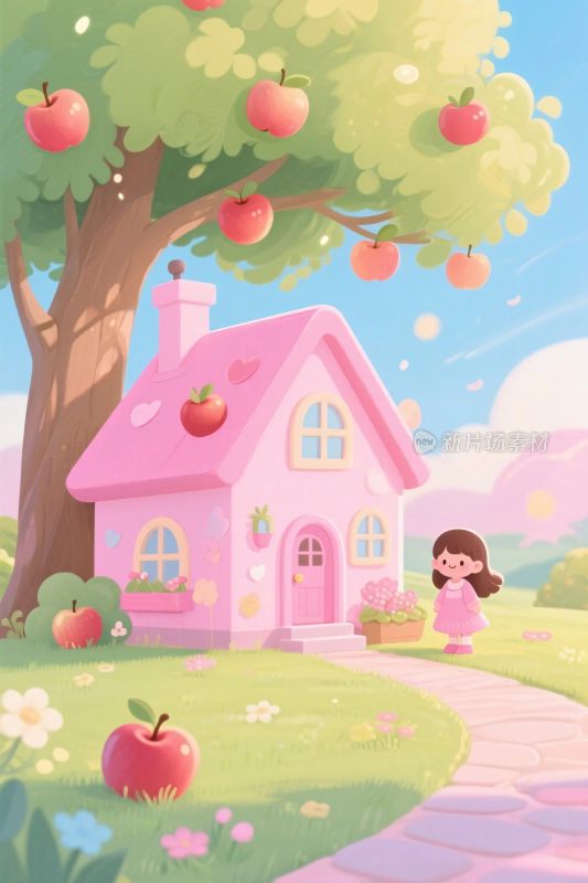 粉色小屋与苹果树童话场景