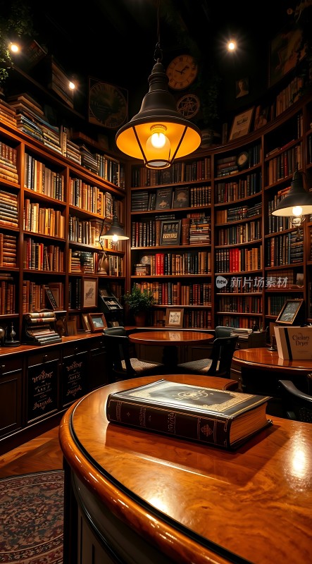 古色古香的书房满墙书籍与木制家具营造温馨阅读氛围