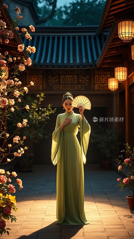 古风美人绿裙佳人手持扇子花丛中优雅站立