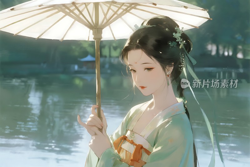 撑伞佳人湖畔立