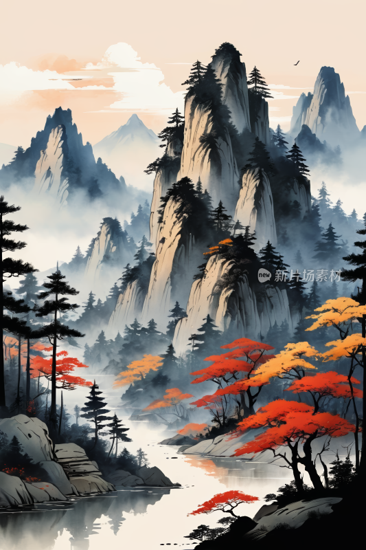 有树有水山地风景高清插画图片