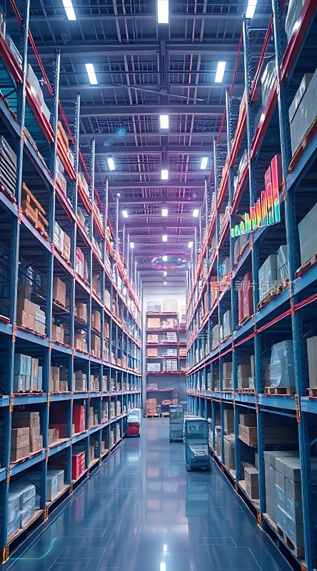 仓库深处货物琳琅满目货架高耸入云