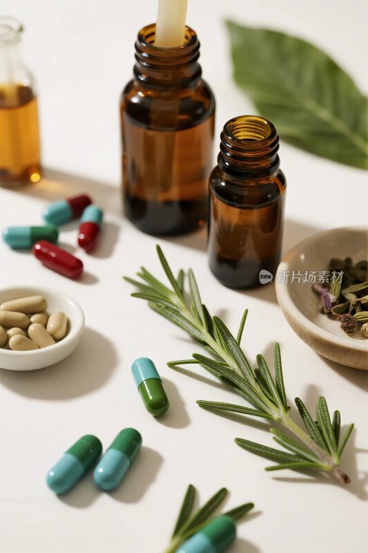 桌上摆放的药品与草本植物