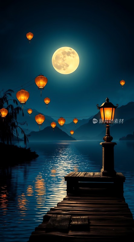 湖边夜色灯笼映月