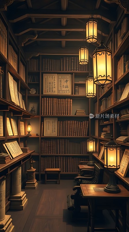 古色古香的书房书架、灯笼与木制家具营造宁静氛围