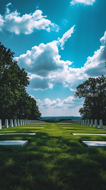 蓝天白云下的绿色草地与白色墓碑