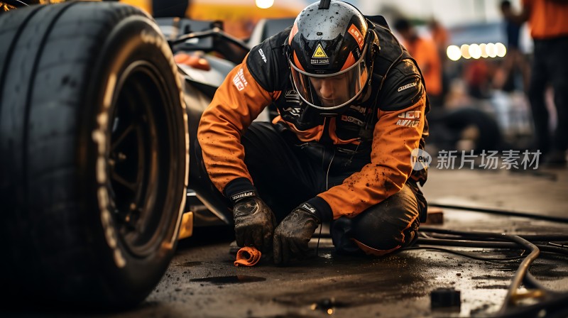 维修人员专注更换赛车轮胎