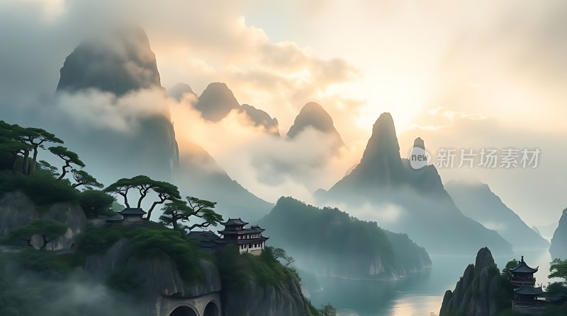 晨雾中的山水画卷