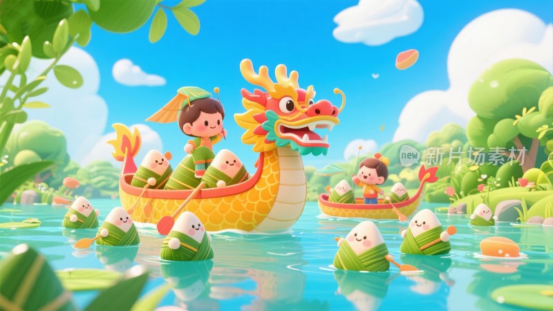 卡通Q版 传统节日端午节 粽子龙舟比赛