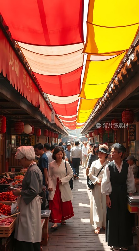 古街市集红黄遮阳伞下热闹非凡