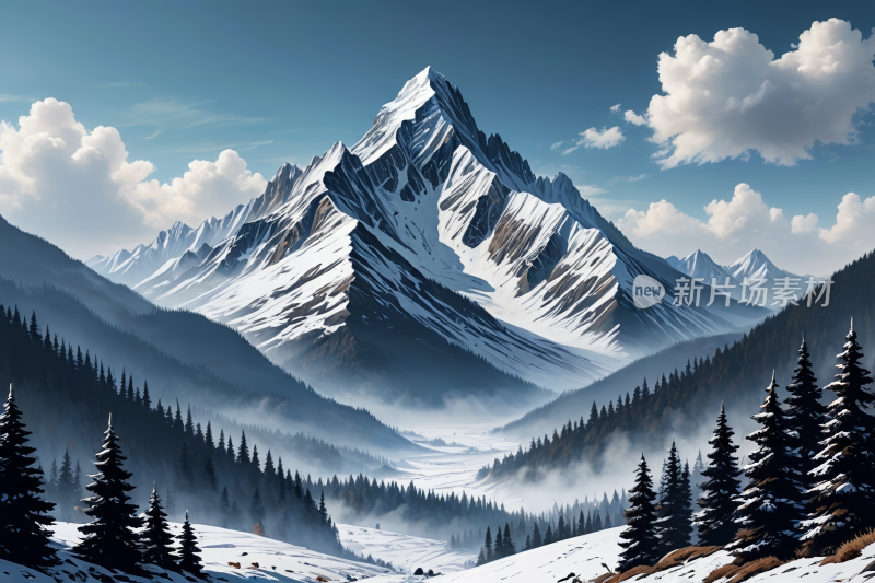 雪山景色有雪山和河流高清风景插画图片