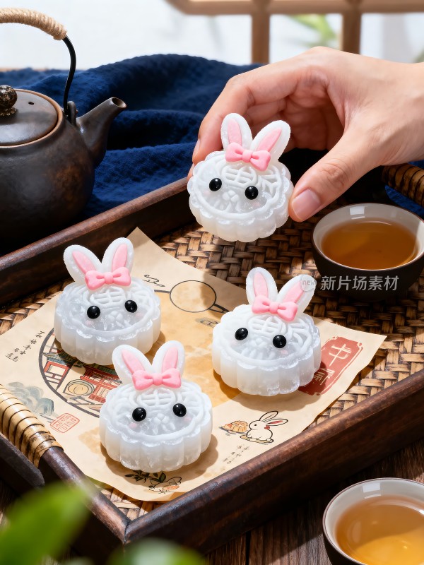 可爱兔子月饼茶香四溢节日分享佳品