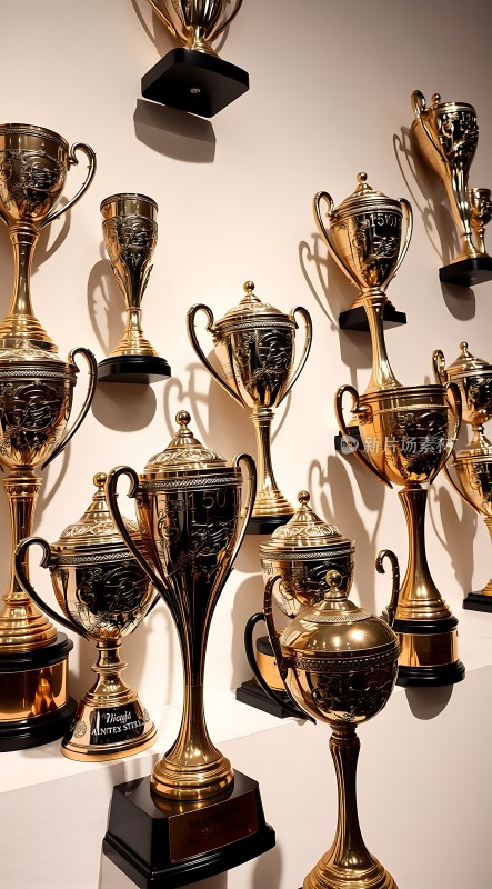 金色奖杯陈列墙彰显荣誉与成就