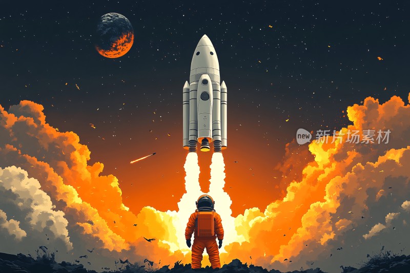 宇航员凝望升空火箭