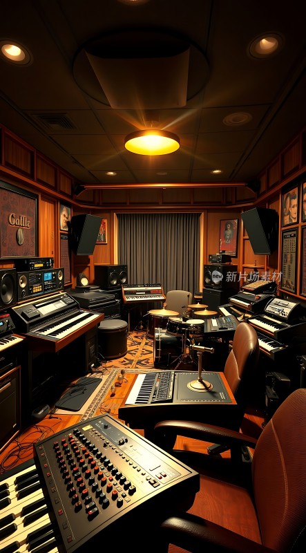音乐工作室键盘、鼓组和调音台