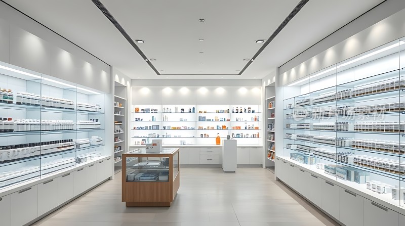 现代药房整洁明亮药品陈列整齐环境舒适宜人
