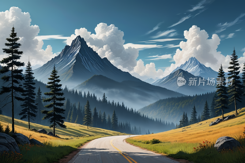 穿过山脉的道路的高清风景插画图片