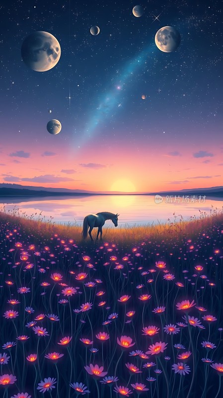 星空下的马与花海