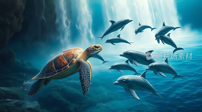 海中奇遇海龟与海豚共舞