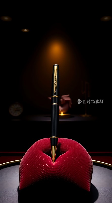 黑色钢笔与红色天鹅绒笔架的结合展现出现代与传统元素的完美融合
