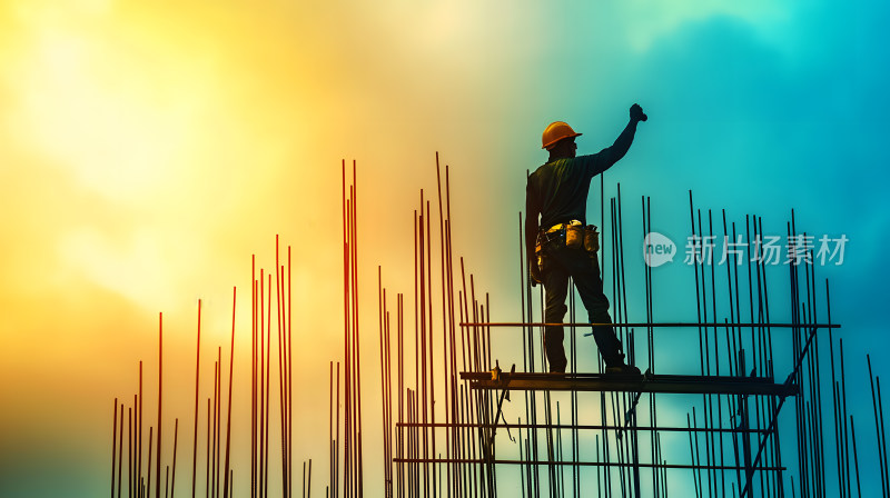 日落时男性建筑工人剪影